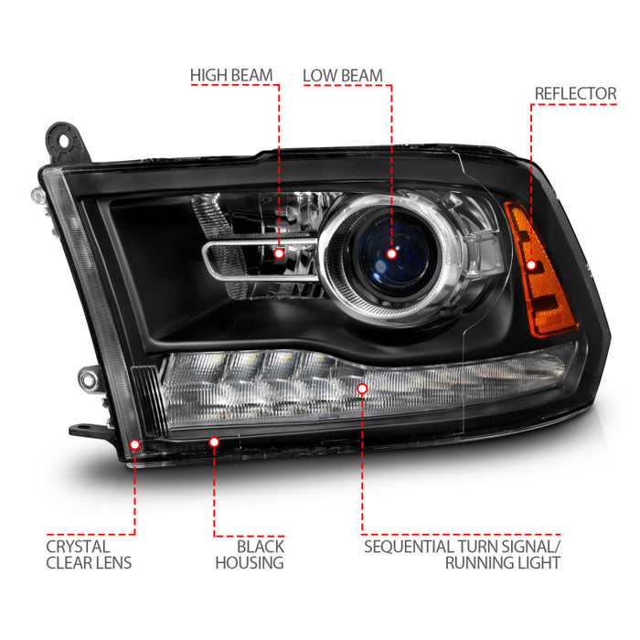 ANZO 09-18 Dodge Ram 1500/2500/3500 LED Plank Style Headlights Switchback + Sequential - Matte Black ANZO