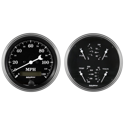 Auto Meter Gauge Kit 2 pc. Quad & Speedometer 5in Old Tyme Black AutoMeter