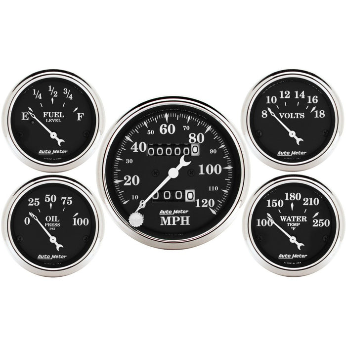 Auto Meter Gauge Kit 5 pc. 3 1/8in & 2 1/16in Mechanical Speedometer Old Tyme Black AutoMeter