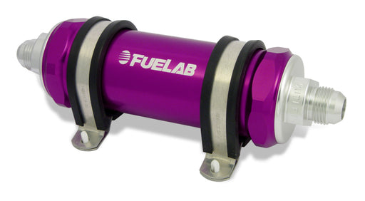 Fuelab 828 In-Line Fuel Filter Long -8AN In/Out 6 Micron Fiberglass - Purple Fuelab