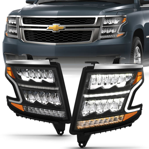 ANZO 15-20 Chevy Tahoe/Suburban LED Light Bar Style Headlights Black w/Sequential w/DRL w/Amber ANZO