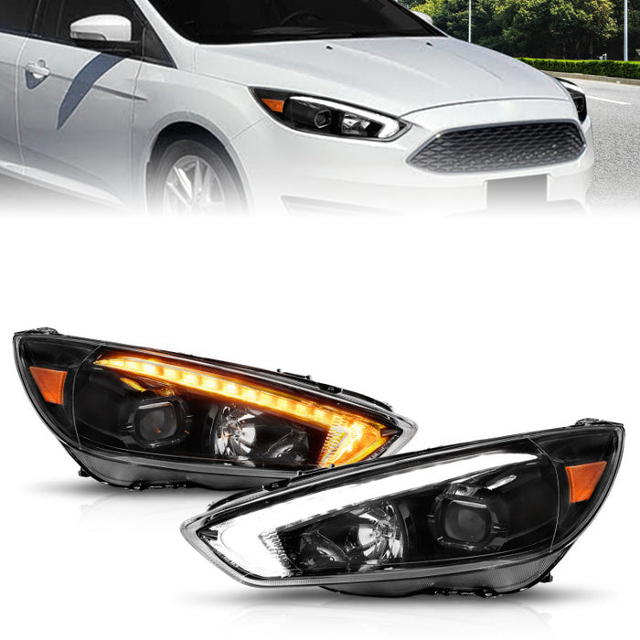 ANZO 15-18 Ford Focus Projector Headlights - w/ Light Bar Switchback Black Housing ANZO
