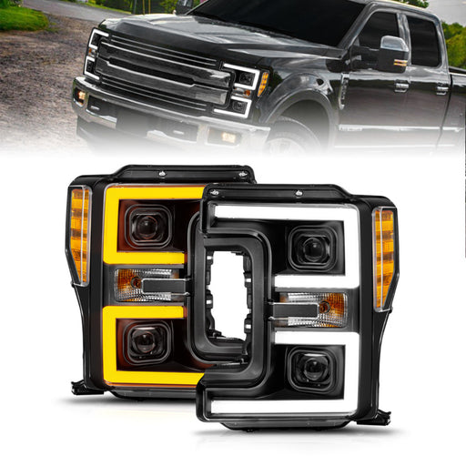 ANZO 17-19 Ford F-250/350/450 SD (w/o Factory LED) LED Proj Headlights w/Light Bar Switchback Blk ANZO