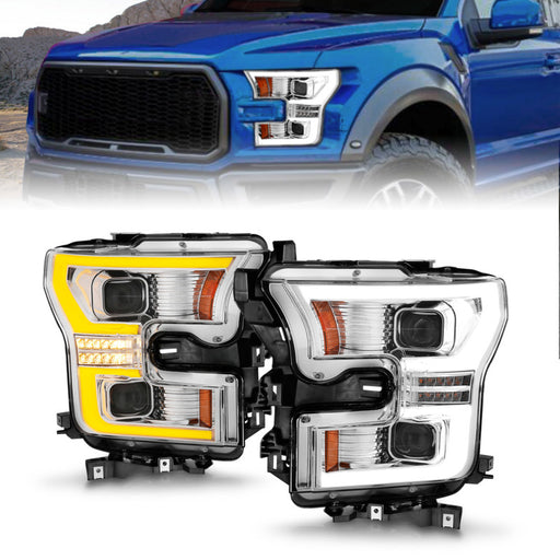 ANZO 15-17 Ford F-150 LED Projector Headlights - w/ Light Bar Switchback Chrome Housing ANZO