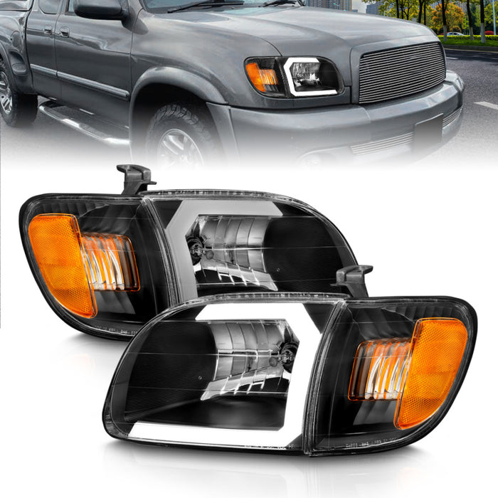 ANZO 00-04 Toyota Tundra (Fits Reg/Acc Cab Only) Crystal Headlights w/Light Bar Black w/Corner Light ANZO