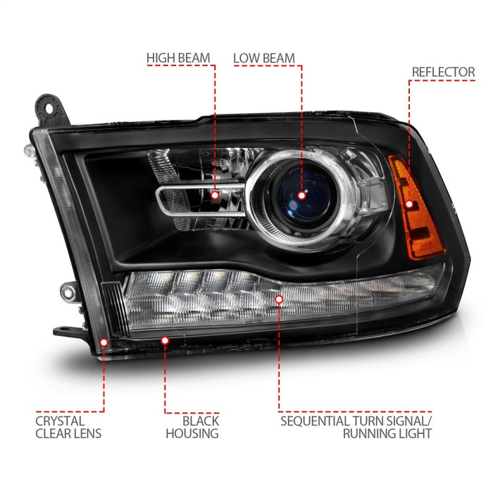 ANZO 09-18 Dodge Ram 1500/2500/3500 LED Plank Style Headlights Switchback + Sequential - Matte Black ANZO