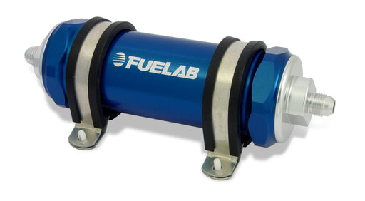 Fuelab 858 In-Line Fuel Filter Long -10AN In/Out 10 Micron Fabric w/Check Valve - Blue Fuelab