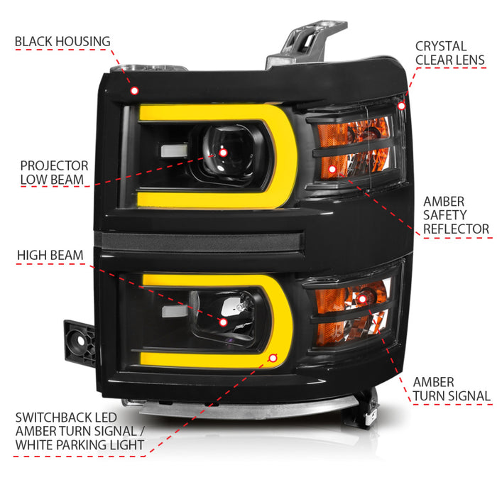 ANZO 14-15 Chevrolet Silverado 1500 Projector Headlights w/ Plank Style Switchback Black w/ Amber ANZO