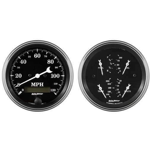 Auto Meter Gauge Kit 2 pc. Quad & Speedometer 3 3/8in Old Tyme Black AutoMeter