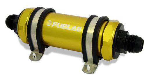 Fuelab 858 In-Line Fuel Filter Long -8AN In/Out 40 Micron Stainless w/Check Valve - Gold Fuelab