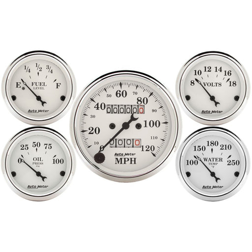 Auto Meter Speedometer 3-1/8in and 2-1/16in Mechanical 5-Piece Old Tyme White Gauge Kit AutoMeter