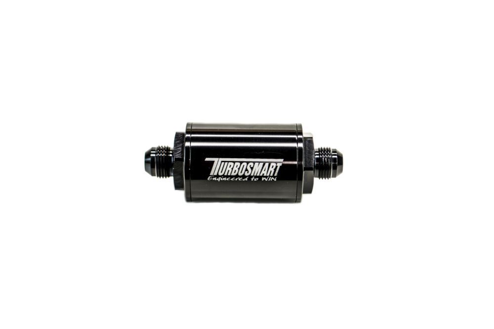 Turbosmart FPR Billet Inline Fuel Filter 1.75in OD 3.825in Length AN-6 Male Inlet - Black