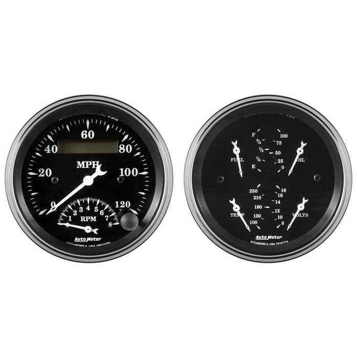 Auto Meter Gauge Kit 2 pc. Quad & Tach/Speedo 3 3/8in Old Tyme Black AutoMeter