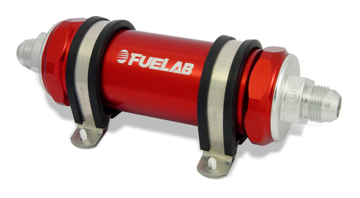 Fuelab 828 In-Line Fuel Filter Long -12AN In/Out 10 Micron Fabric - Red Fuelab