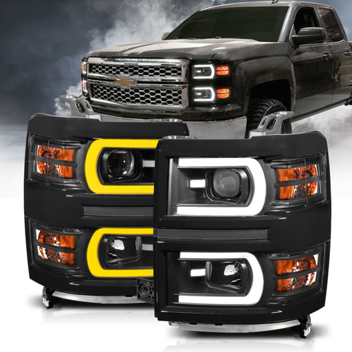 ANZO 14-15 Chevrolet Silverado 1500 Projector Headlights w/ Plank Style Switchback Black w/ Amber ANZO