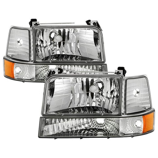 Xtune Ford F150/Bronco 92-96 Headlights w/Corner Bumper 6pcs Amber- Chrome HD-JH-FB92-SET-AM-C