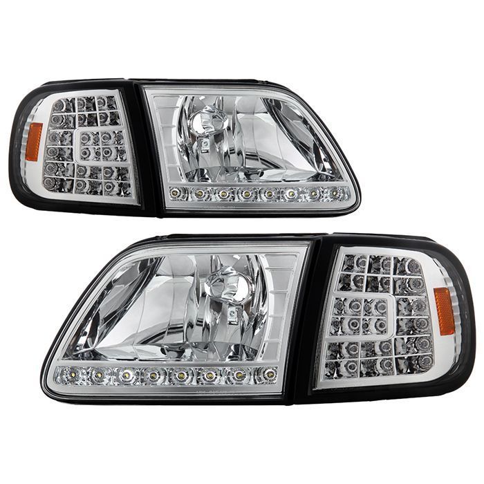 Xtune Ford F150 97-03 Crystal Headlights w/ Clear LED Corners Chrome HD-ON-FF15097-LED-SET-C